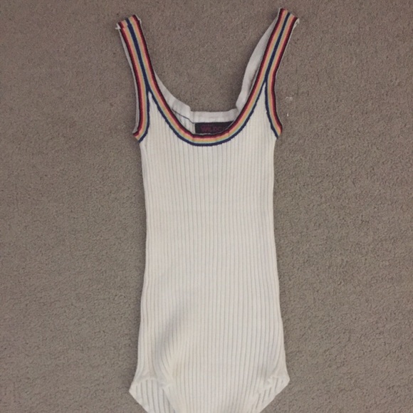 Ribbed Sweater-Knit Striped-Trim Bodysuit Rainbow - Picture 2 of 4